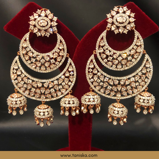 American Diamond Style, Cubic Zirconia Statement Earrings - Triple Jhumki Rose Gold Plated