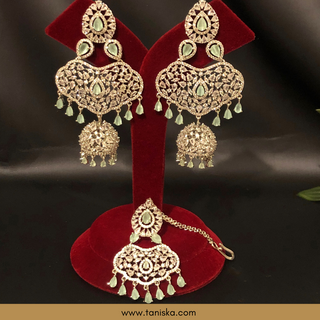 American Diamond Style, Cubic Zirconia Statement Earring & Tikka Set - Silver Plated - Silver/Mint