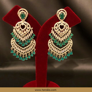 American Diamond Style Earring & Tikka Set - Emerald Green / Silver