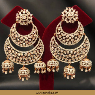 American Diamond Style, Cubic Zirconia Statement Earrings - Triple Jhumki Rose Gold Plated