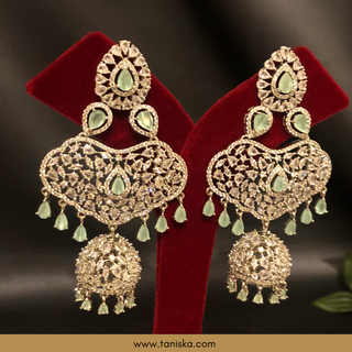 American Diamond Style, Cubic Zirconia Statement Earring & Tikka Set - Silver Plated - Silver/Mint