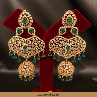 American Diamond Style, Cubic Zirconia Statement Earring & Tikka Set - Rose Gold Plated - Emerald Green