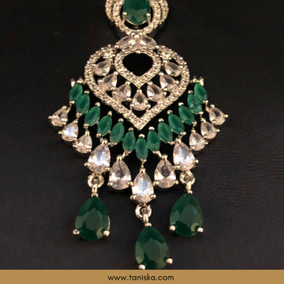 American Diamond Style Earring & Tikka Set - Emerald Green / Silver