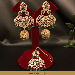 American Diamond Style, Cubic Zirconia Statement Earring & Tikka Set - Rose Gold Plated - Emerald Green