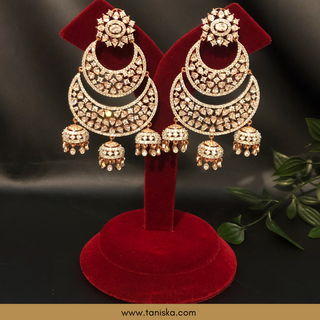 American Diamond Style, Cubic Zirconia Statement Earrings - Triple Jhumki Rose Gold Plated