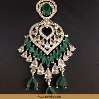 American Diamond Style Earring & Tikka Set - Emerald Green / Silver