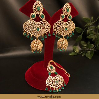 American Diamond Style, Cubic Zirconia Statement Earring & Tikka Set - Rose Gold Plated - Emerald Green