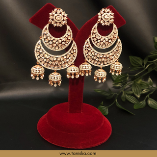 American Diamond Style, Cubic Zirconia Statement Earrings - Triple Jhumki Rose Gold Plated