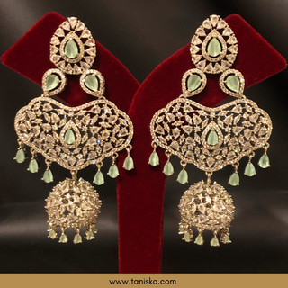 American Diamond Style, Cubic Zirconia Statement Earring & Tikka Set - Silver Plated - Silver/Mint