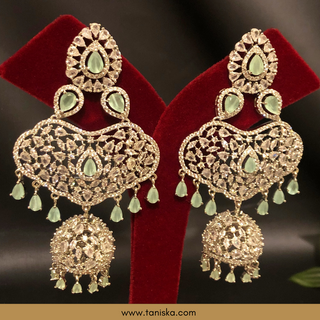 American Diamond Style, Cubic Zirconia Statement Earring & Tikka Set - Silver Plated - Silver/Mint