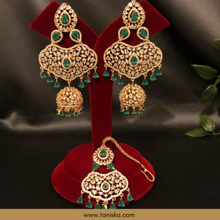 American Diamond Style, Cubic Zirconia Statement Earring & Tikka Set - Rose Gold Plated - Emerald Green