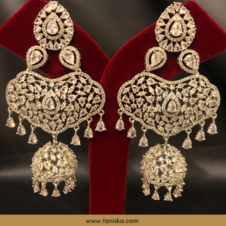 American Diamond Style, Cubic Zirconia Statement Earring & Tikka Set - Silver Plated - Silver/Mint