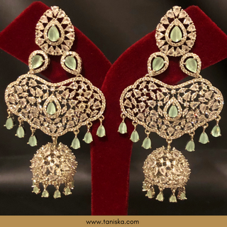 American Diamond Style, Cubic Zirconia Statement Earring & Tikka Set - Silver Plated - Silver/Mint