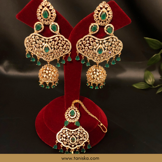 American Diamond Style, Cubic Zirconia Statement Earring & Tikka Set - Rose Gold Plated - Emerald Green