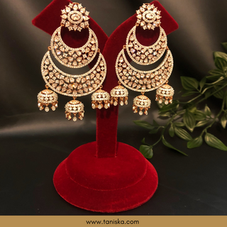 American Diamond Style, Cubic Zirconia Statement Earrings - Triple Jhumki Rose Gold Plated