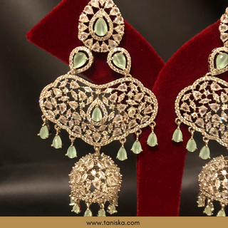 American Diamond Style, Cubic Zirconia Statement Earring & Tikka Set - Silver Plated - Silver/Mint