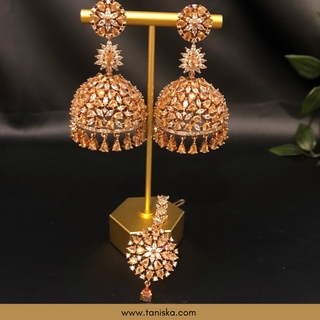 Copy of American Diamond Style Earring & Tikka Set - Hot Pink / Rose Gold