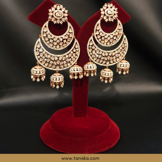 American Diamond Style, Cubic Zirconia Statement Earrings - Triple Jhumki Rose Gold Plated