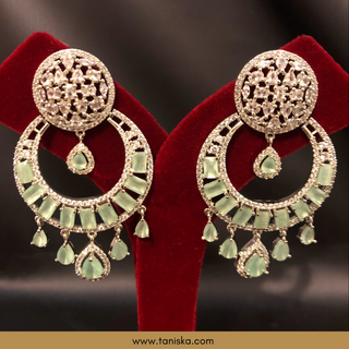 American Diamond Style Earring & Tikka Set - Mint / Silver