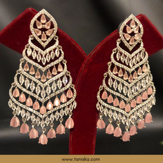 American Diamond Style Earring & Tikka Set - Baby Pink / Silver