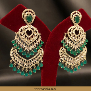 American Diamond Style Earring & Tikka Set - Emerald Green / Silver