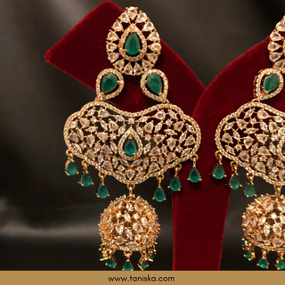 American Diamond Style, Cubic Zirconia Statement Earring & Tikka Set - Rose Gold Plated - Emerald Green