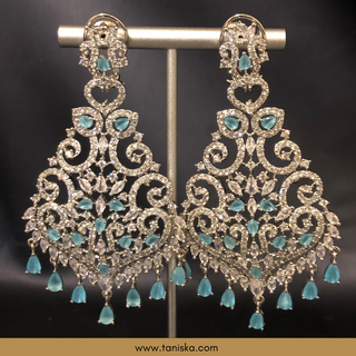 American Diamond Style, Cubic Zirconia Statement Earring & Tikka Set - Silver/Sky Blue