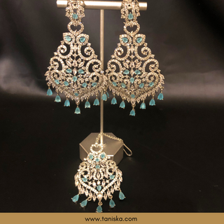 American Diamond Style, Cubic Zirconia Statement Earring & Tikka Set - Silver/Sky Blue