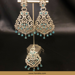 American Diamond Style, Cubic Zirconia Statement Earring & Tikka Set - Silver/Sky Blue