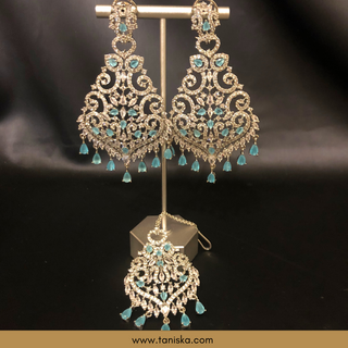 American Diamond Style, Cubic Zirconia Statement Earring & Tikka Set - Silver/Sky Blue