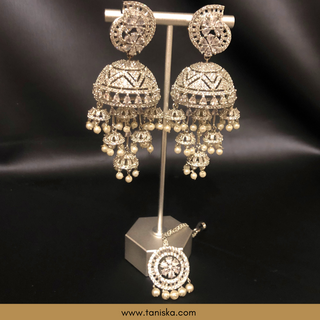 American Diamond Style, Cubic Zirconia Statement Earring & Tikka Set - Silver Plated