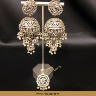 American Diamond Style, Cubic Zirconia Statement Earring & Tikka Set - Silver Plated