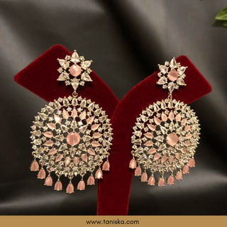 American Diamond Style, Cubic Zirconia Statement Earring & Tikka Set - Silver/Baby Pink