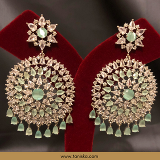 American Diamond Style, Cubic Zirconia Statement Earring & Tikka Set - Silver/Mint