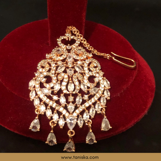 American Diamond Style, Cubic Zirconia Statement Earring & Tikka Set - Rose Gold