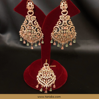 American Diamond Style, Cubic Zirconia Statement Earring & Tikka Set - Rose Gold/Pink-Mint