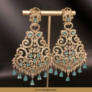 American Diamond Style, Cubic Zirconia Statement Earring & Tikka Set - Silver/Sky Blue