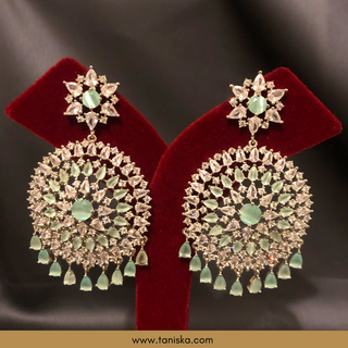 American Diamond Style, Cubic Zirconia Statement Earring & Tikka Set - Silver/Mint