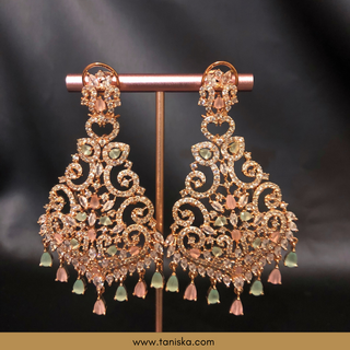 American Diamond Style, Cubic Zirconia Statement Earring & Tikka Set - Rose Gold/Pink-Mint