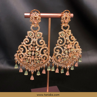 American Diamond Style, Cubic Zirconia Statement Earring & Tikka Set - Rose Gold/Pink-Mint