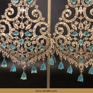 American Diamond Style, Cubic Zirconia Statement Earring & Tikka Set - Silver/Sky Blue