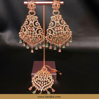 American Diamond Style, Cubic Zirconia Statement Earring & Tikka Set - Rose Gold/Pink-Mint