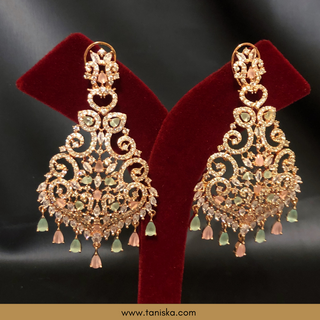 American Diamond Style, Cubic Zirconia Statement Earring & Tikka Set - Rose Gold/Pink-Mint