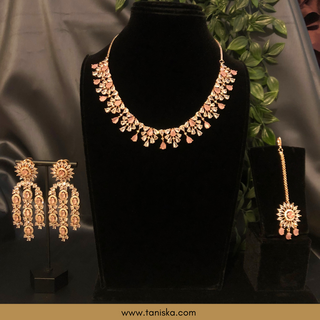 American Diamond Style Necklace Set - Rose Gold / Baby Pink