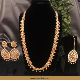 American Diamond Style, Cubic Zirconia Long Necklace Set - Rose Gold