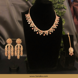 American Diamond Style Necklace Set - Rose Gold / Baby Pink