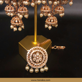 American Diamond Style, Cubic Zirconia Statement Earring & Tikka Set - Rose Gold Plated