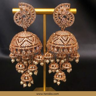 American Diamond Style, Cubic Zirconia Statement Earring & Tikka Set - Rose Gold Plated