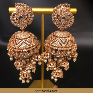 American Diamond Style, Cubic Zirconia Statement Earring & Tikka Set - Rose Gold Plated