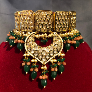 MEHAR Designer Bottle Green/Peach Kundan Necklace Set